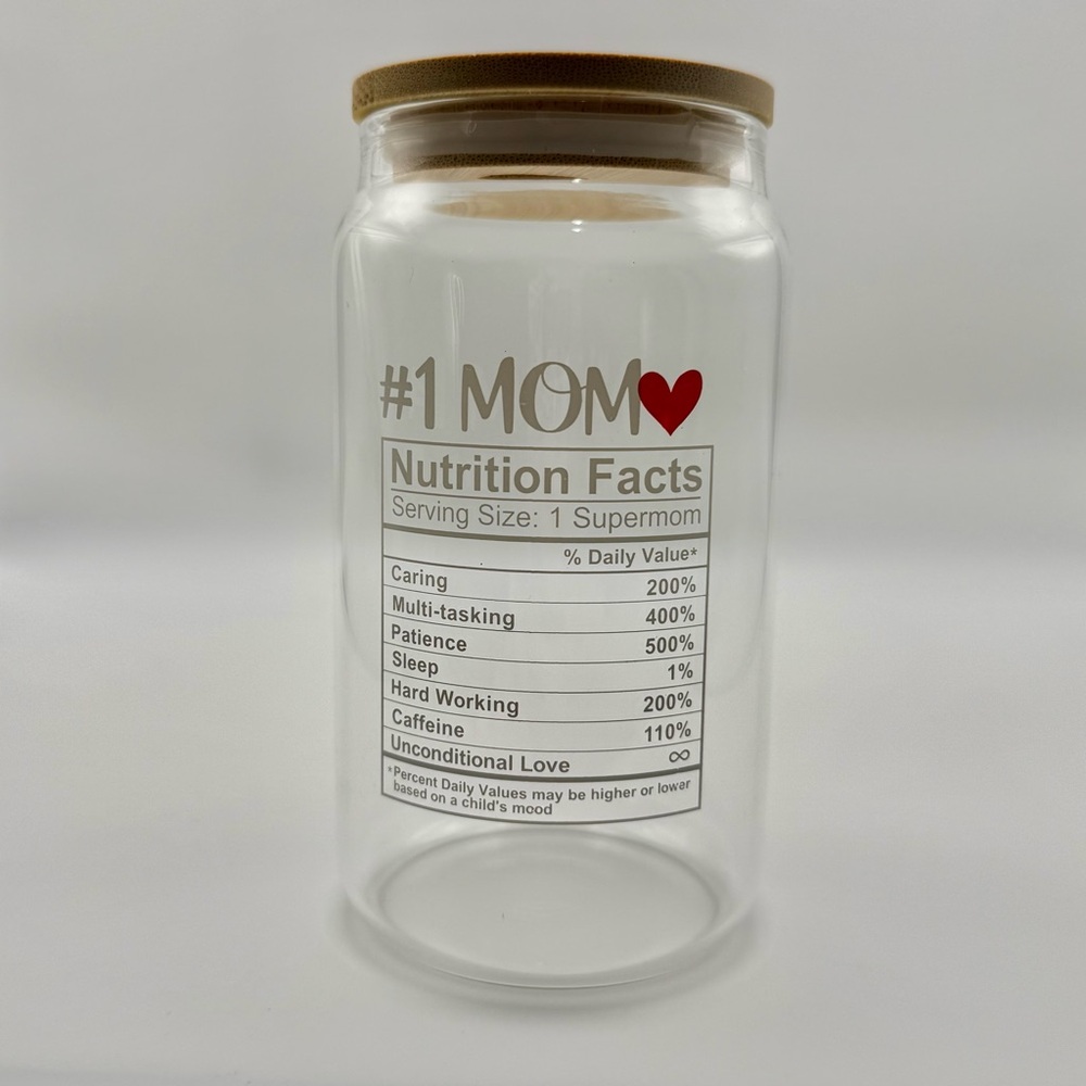 #1 MOM Glass Jar Tumbler with Bamboo Lid, 16 oz